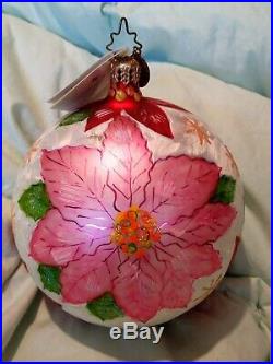 1011554 Christopher Radko Ruby Star Poinsettia Blwn Glass Christmas Ornament NWT
