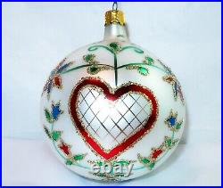1990 Christopher Radko HEARTS & FLOWERS #90-015-0 Glass 4.25D Ball Ornament