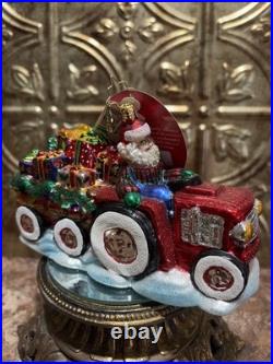 2017 Discontinued Christopher Radko Santa Tractor O Toys Glass Ornament
