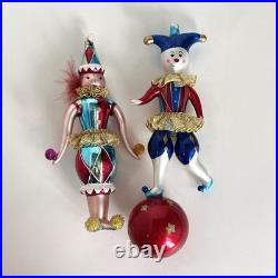 2 Christopher Radko Jester Harlequin Clowns Glass Ornament Juggler On Ball