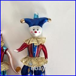 2 Christopher Radko Jester Harlequin Clowns Glass Ornament Juggler On Ball
