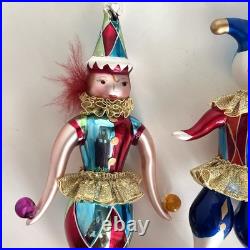 2 Christopher Radko Jester Harlequin Clowns Glass Ornament Juggler On Ball