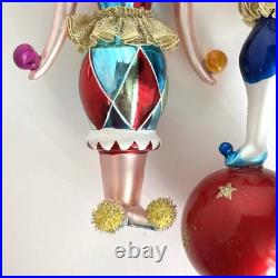 2 Christopher Radko Jester Harlequin Clowns Glass Ornament Juggler On Ball