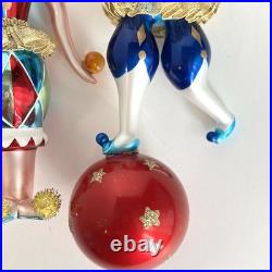 2 Christopher Radko Jester Harlequin Clowns Glass Ornament Juggler On Ball