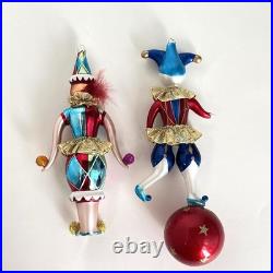 2 Christopher Radko Jester Harlequin Clowns Glass Ornament Juggler On Ball