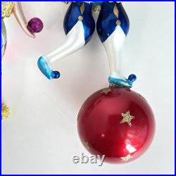 2 Christopher Radko Jester Harlequin Clowns Glass Ornament Juggler On Ball