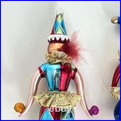2 Christopher Radko Jester Harlequin Clowns Glass Ornament Juggler On Ball