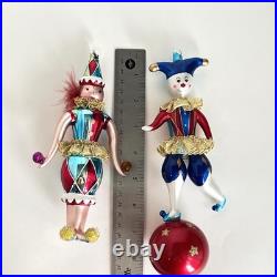 2 Christopher Radko Jester Harlequin Clowns Glass Ornament Juggler On Ball