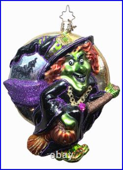 CHRISTOPHER RADKO Halloween Ornament WITCH ON BROOM with BATS Moon & Broom
