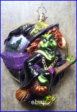 CHRISTOPHER RADKO Halloween Ornament WITCH ON BROOM with BATS Moon & Broom
