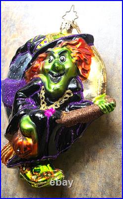 CHRISTOPHER RADKO Halloween Ornament WITCH ON BROOM with BATS Moon & Broom