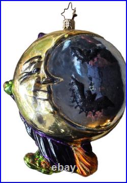 CHRISTOPHER RADKO Halloween Ornament WITCH ON BROOM with BATS Moon & Broom