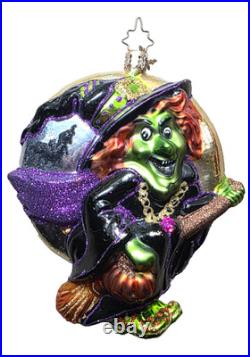 CHRISTOPHER RADKO Halloween Ornament WITCH ON BROOM with BATS Moon & Broom