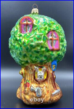 Christopher Radko 6 long Happy Hideaway Bunny Rabbit Tree house Glass Ornament