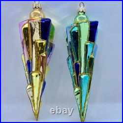 Christopher Radko 8 ICE DECO Ornament PAIR Rare Blue & Gold 98-393-0