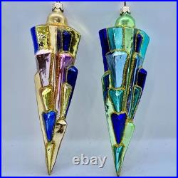 Christopher Radko 8 ICE DECO Ornament PAIR Rare Blue & Gold 98-393-0