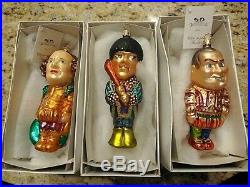 Christopher Radko Blown Glass Larry Moe & Curly Of The Three Stooges Ornaments
