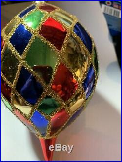 Christopher Radko Blown Glass Ornament Harlequin Teardrop Rare T1990s