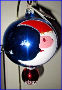 Christopher Radko CRESCENT MOON SANTA Blue Ball Drop Christmas Ornament New NWT
