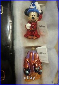 Christopher Radko FANTASIA Sorcecer Apprentice Mickey Mouse & Broom 2 Ornaments