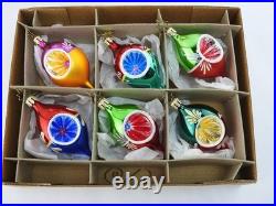 Christopher Radko Fantasia Indent Glass Ornaments Set 6 With Box Poland Vintage