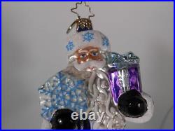 Christopher Radko Hand Crafted Glass Glitter Ornament Blue Santa withSnowflake