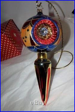 Christopher Radko Large Reflector Drop Christmas Ornament Red Blue Gold with Box