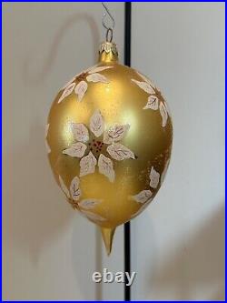 Christopher Radko Poinsettia Snow Tear Drop Gold Christmas Ornament