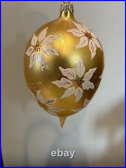 Christopher Radko Poinsettia Snow Tear Drop Gold Christmas Ornament