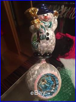Christopher Radko Snow Swirl Snowman Art Glass Christmas Ornament