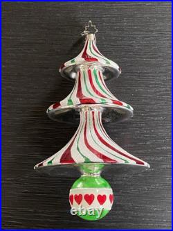 Christopher Radko TRIM TWIST TREE HEART Glass Ornament 7 Peppermint withBox