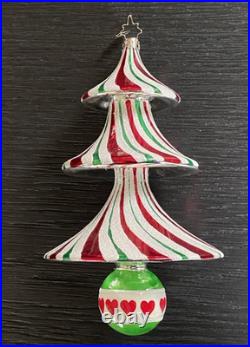 Christopher Radko TRIM TWIST TREE HEART Glass Ornament 7 Peppermint withBox