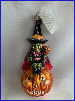 Christopher Radko Twinkly Toothsome Green Witch with Hat Pumpkin Broom Ornament