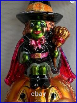 Christopher Radko Twinkly Toothsome Green Witch with Hat Pumpkin Broom Ornament