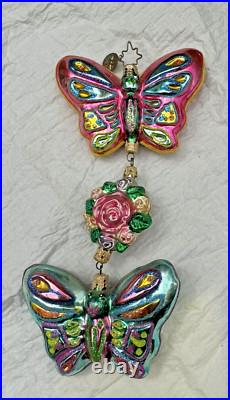 Christopher Radko Two Butterflies And A Rose Glass Triple Ornament 8 Long