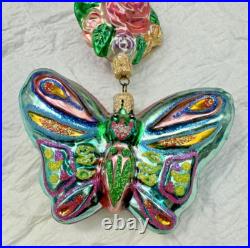 Christopher Radko Two Butterflies And A Rose Glass Triple Ornament 8 Long