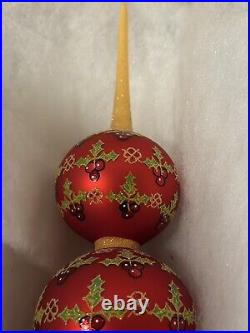 LARGE VINTAGE Christopher Radko GLASS FINIAL Tree Topper HOLLY ON HIGH 19INCH