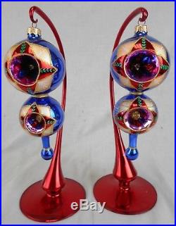 Pair of Christopher Radko Double Fantasia Ornaments withStands