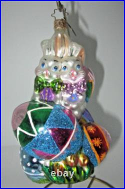 Radko Bunny Rabbits Boy Girl Couple in Middle of Easter Egg Pile Ornament RARE