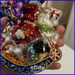 Radko Merry Mount Magic Santa With Gift sack Toys Rocking Horse Glass Ornament