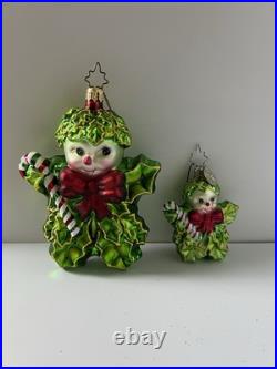 Rare Vintage Christopher Radko Holly Sprite Elf Glass Christmas Ornaments Pair