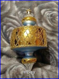 Signed 88-078-0 Christopher Radko Spin Top Blue Gold Glass Christmas Ornament