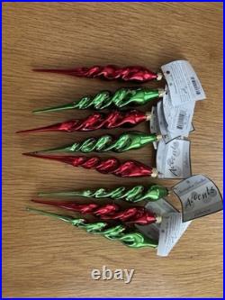 Vintage Christopher Radko Glass Icicle Ornaments Green And Red Set Of 8