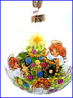 Vtg Christopher Radko Glass 4 Round Ball 3 Angels on a Christmas Tree Ornament