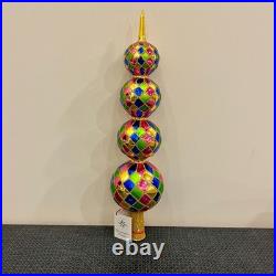Vtg Christopher Radko Harlequin Glass Finial Christmas Tree Topper 4 Balls 16