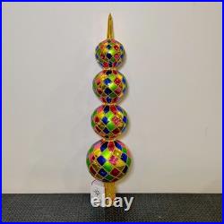Vtg Christopher Radko Harlequin Glass Finial Christmas Tree Topper 4 Balls 16