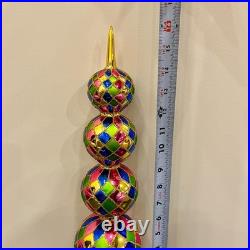 Vtg Christopher Radko Harlequin Glass Finial Christmas Tree Topper 4 Balls 16