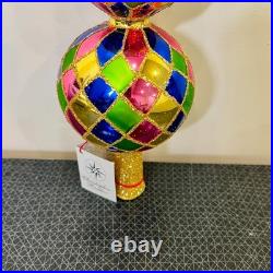 Vtg Christopher Radko Harlequin Glass Finial Christmas Tree Topper 4 Balls 16
