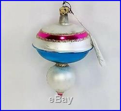 Vtg Christopher Radko Rare 1989 Blue Pink Indented Glass Ornament with Paper Tag