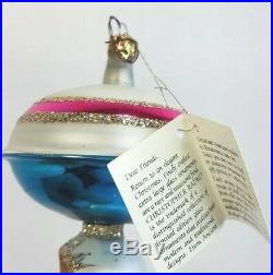 Vtg Christopher Radko Rare 1989 Blue Pink Indented Glass Ornament with Paper Tag